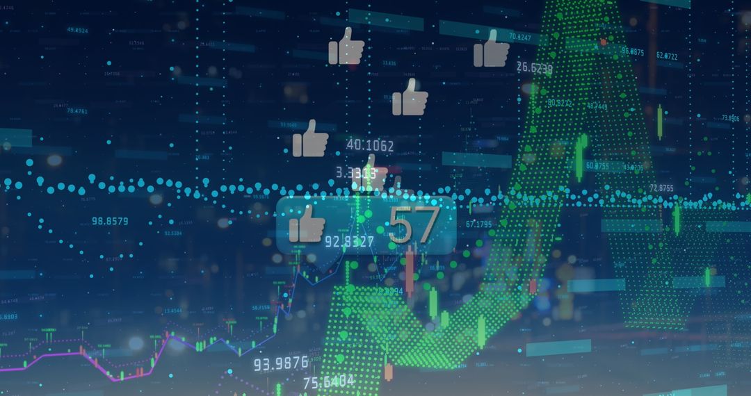 Digital Trade Success with Floating Thumbs Up Among Green Charts