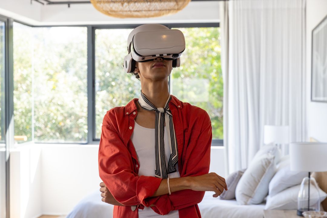 Man Experiencing Virtual Reality in Modern Bedroom