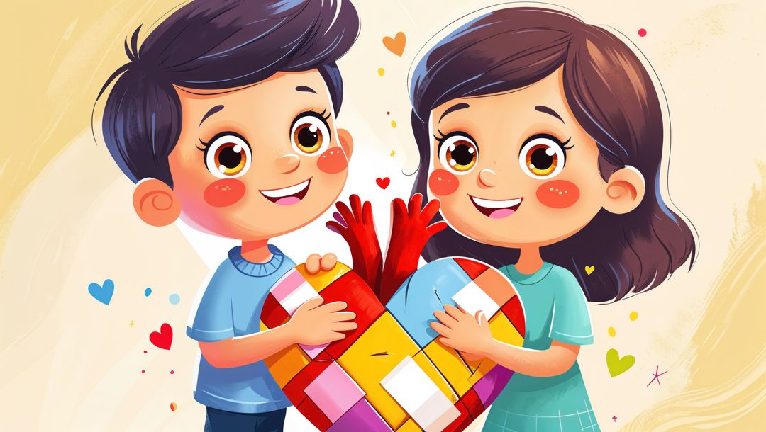 Joyful siblings holding patchwork heart with whimsical charm, forgiveness theme