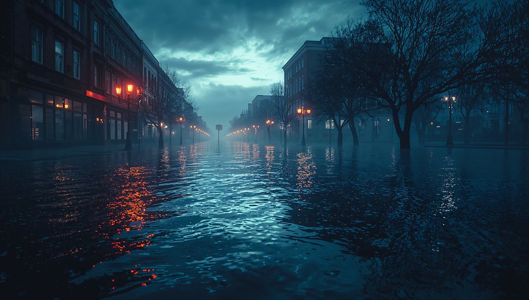 Moody Urban Flooded Street at Dusk with Glowing Reflections