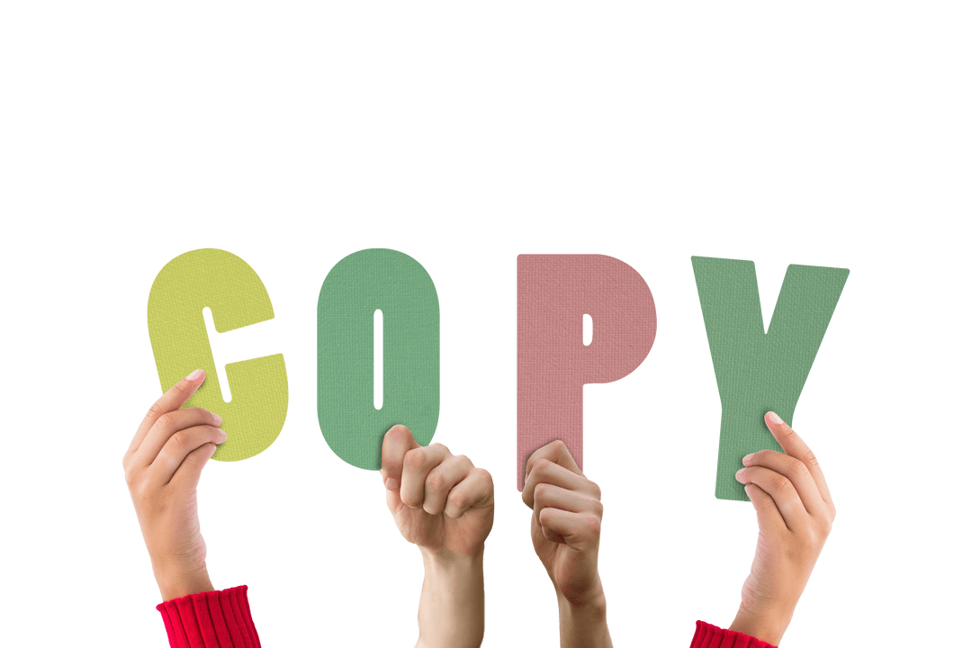 Hands Holding Colorful Letters 'COPY' on Transparent Background