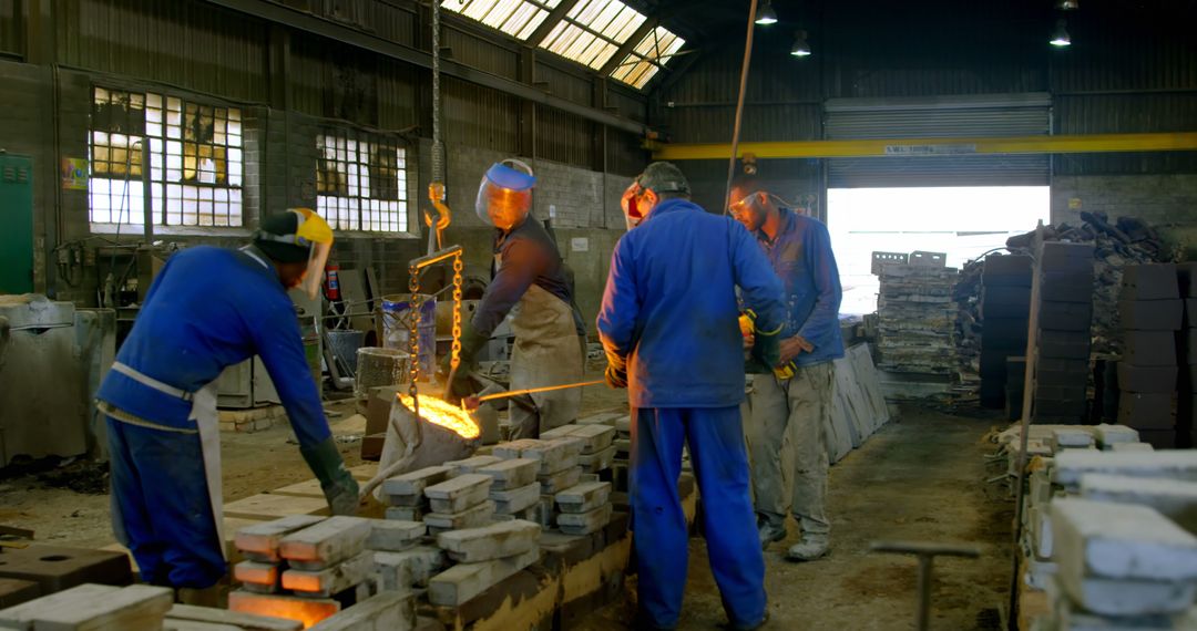 Workers Pouring Molten Metal at Steel Foundry - Free Images, Stock Photos and Pictures on Pikwizard.com