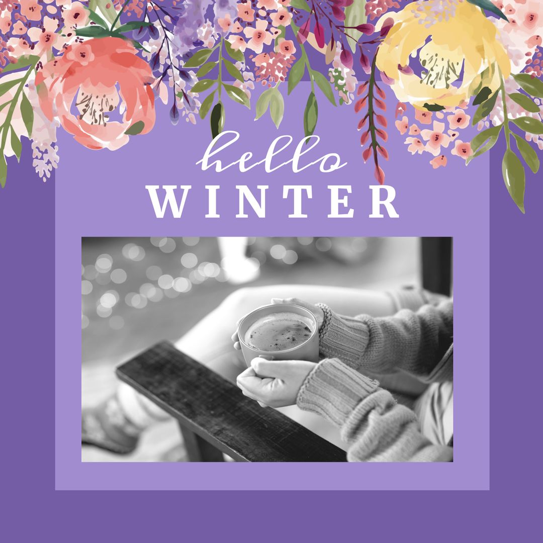 Hello Winter Season with Coffee on Framed Background