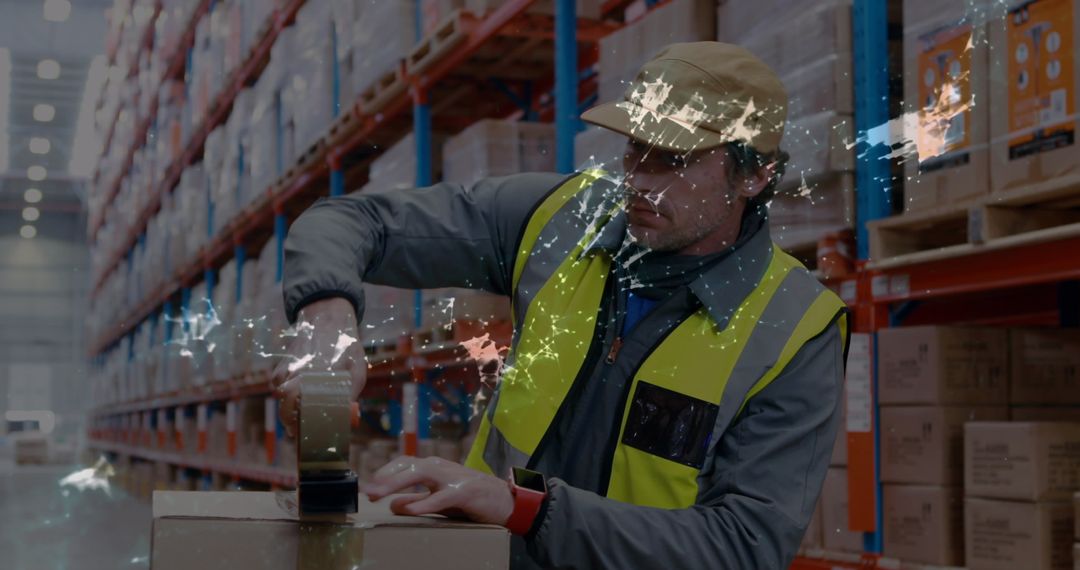 Warehouse Worker Inspecting Shipment Box with Digital Overlay