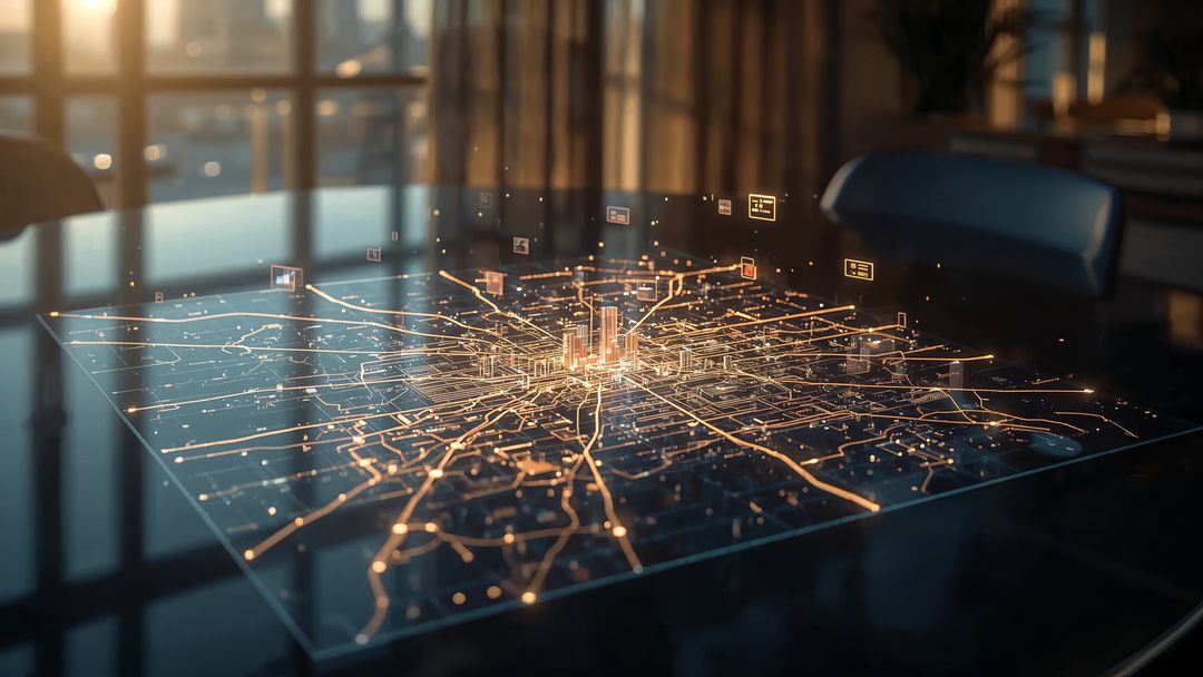 Futuristic City Hologram Displaying Digital Network in Modern Boardroom