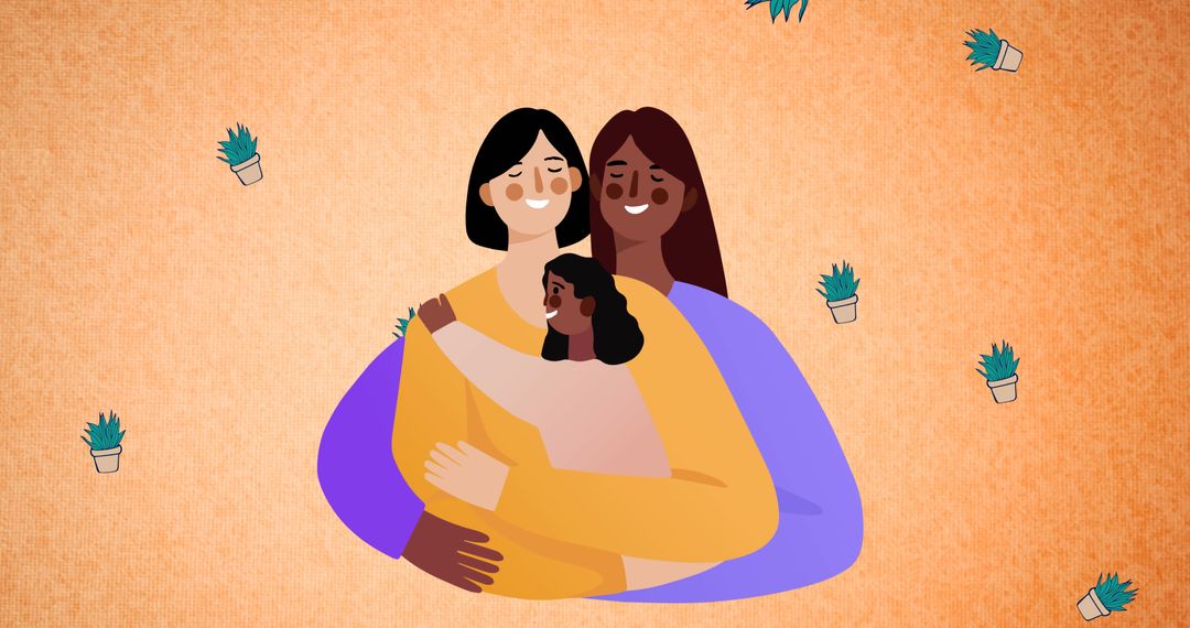 Happy Family Embracing Against a Red Backdrop