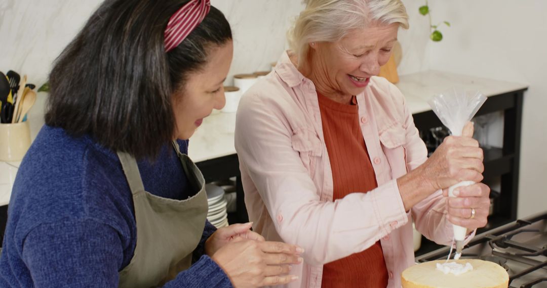 Happy Women Decorating Cake in Rustic Kitchen Setting