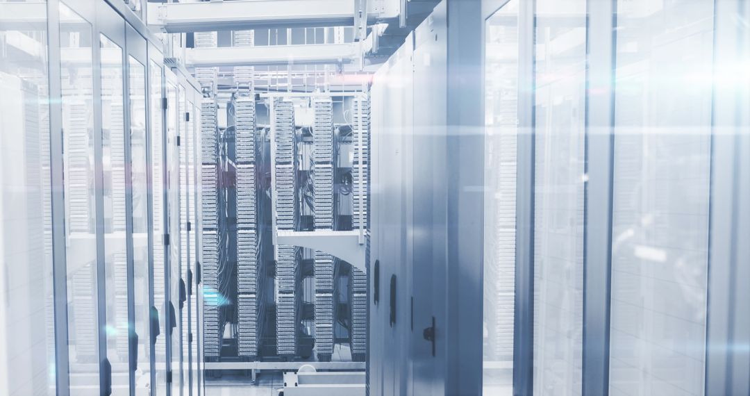 Modern Data Center with Digital Processing Graphic Overlay