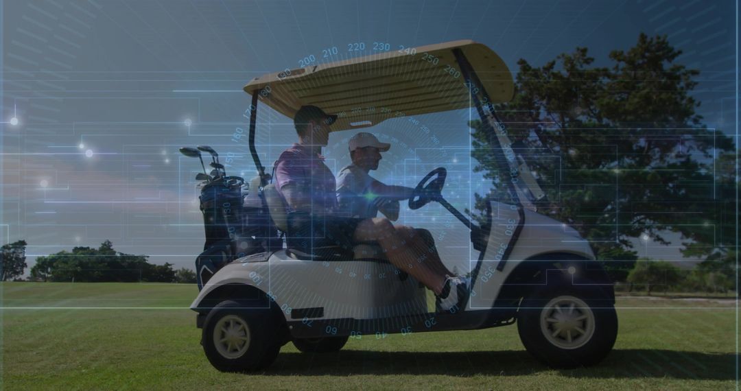 Two golfers navigating fairway in electric cart with augmented reality HUD overlay