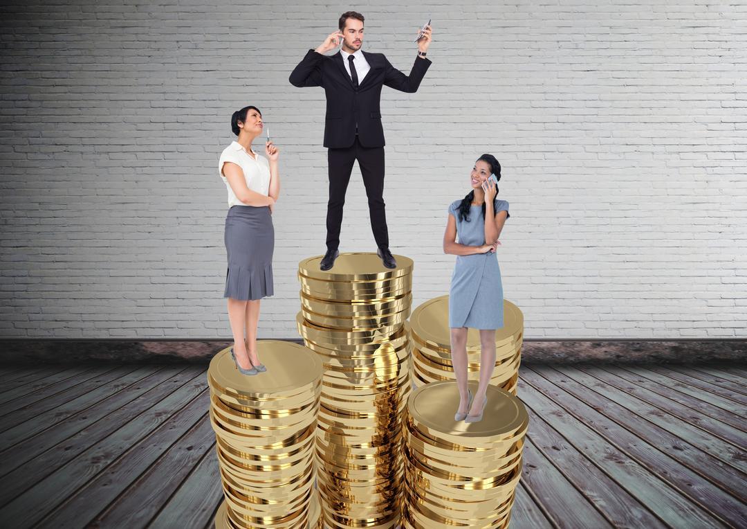 Composite image of businesspeople standing on stacked coins - Free Images, Stock Photos and Pictures on Pikwizard.com