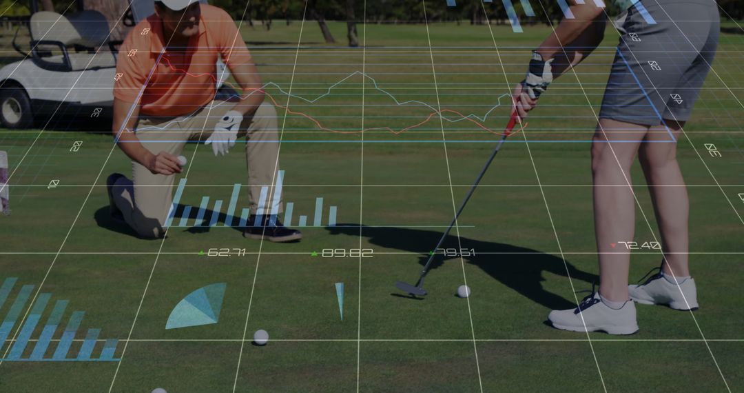 Golfer Calculating Shot on Putting Green with Data Visualization Overlay