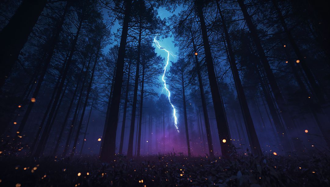 Thundering Lightning in Enchanted Forest at Night