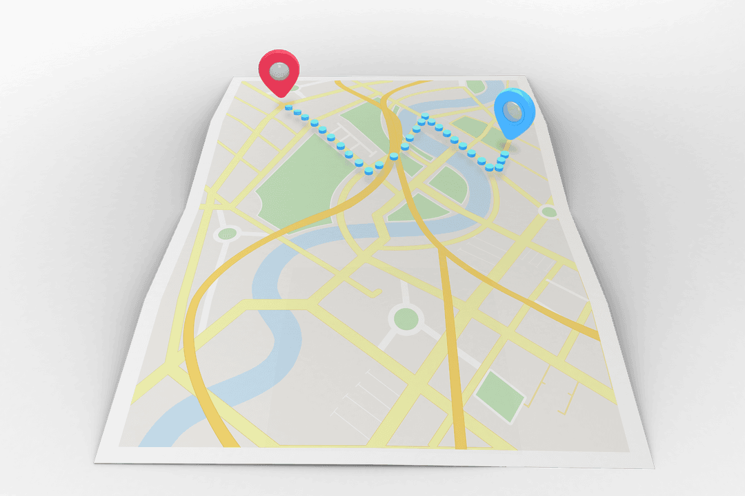 Transparent 3D Map with Red and Blue Navigation Markers