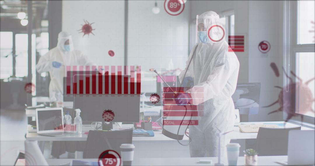 Disinfection Team Processing Data in Office with Digital Interface Overlay