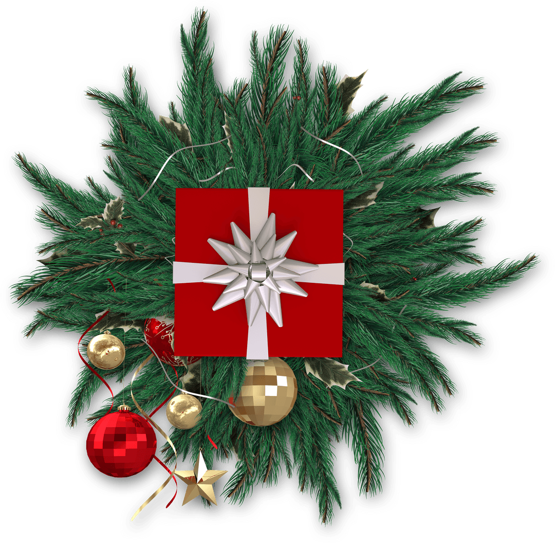 Transparent Christmas Wreath with Red Gift and Baubles