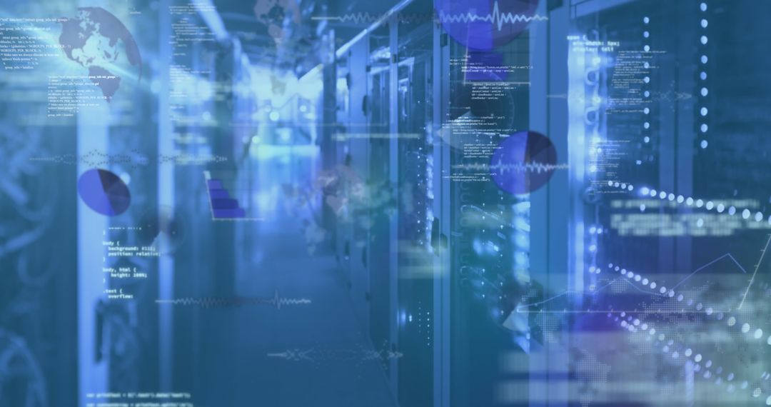 Futuristic Data Center with Overlaid Digital Data and Graphics