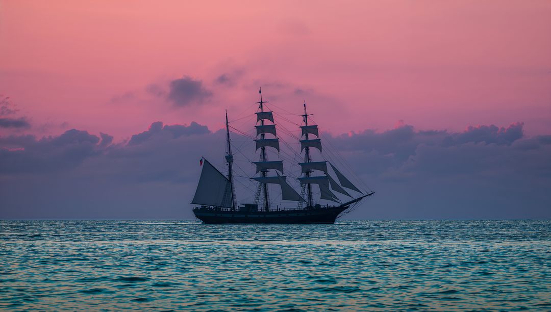Three-masted Ship at Sea During Tranquil Lavender Dusk