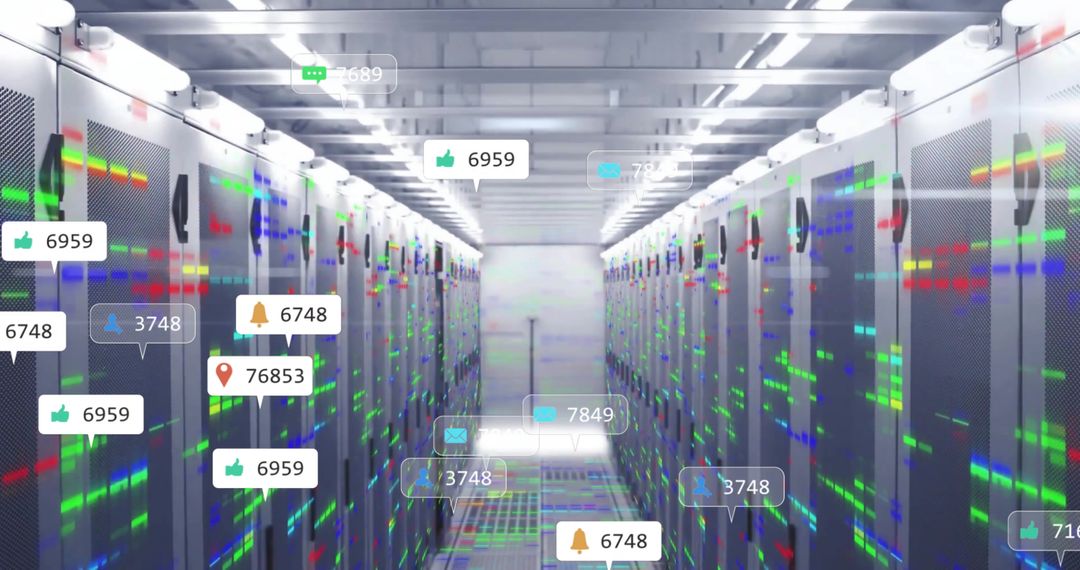 Glowing Data Center Corridor with Digital Network Indicators