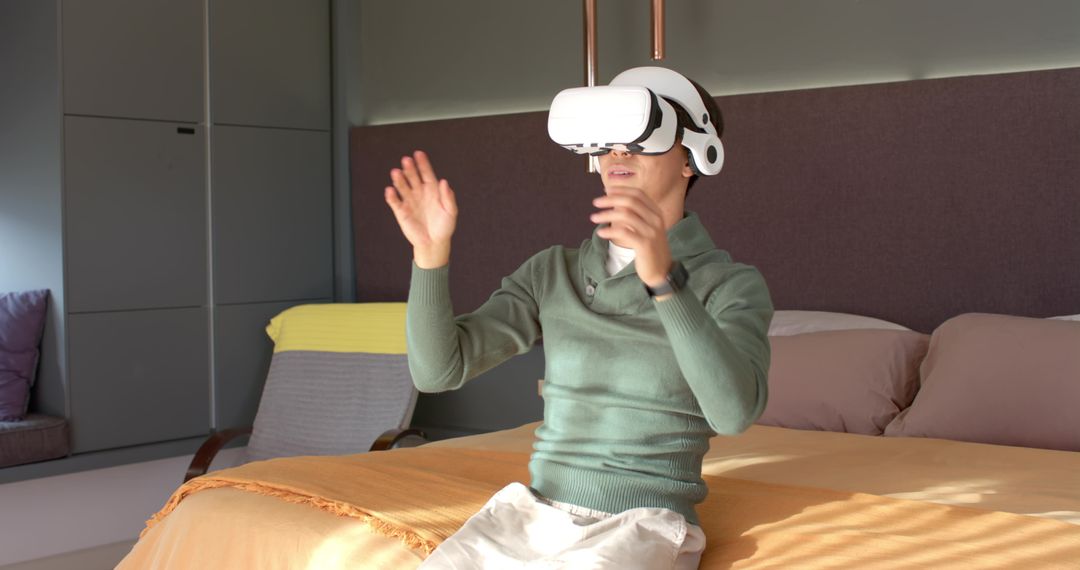 Man Experiencing Virtual Reality at Home in Modern Bedroom