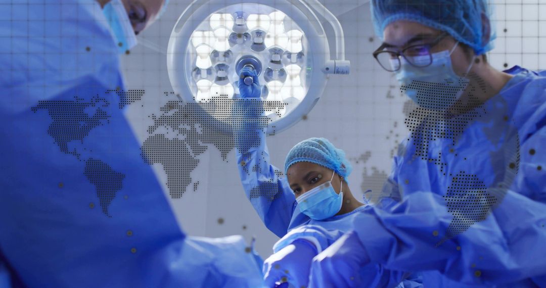 Surgical team collaborating under operating light with global healthcare network overlay