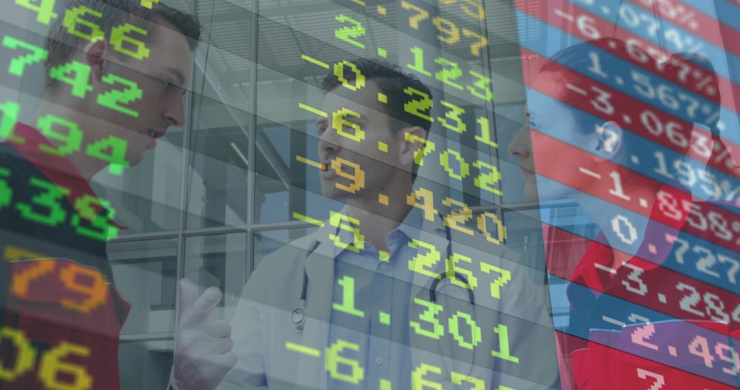 Doctor consulting patients with financial data overlay in modern glass hospital lobby