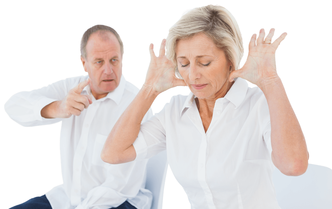 Transparent Older Couple Arguing with Fingers in Ears Gesture