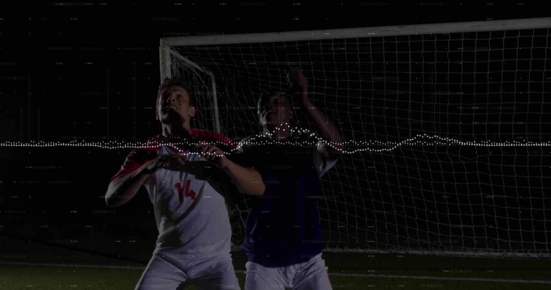 Dynamic Soccer Athletes Competing Under Night Lights with Digital Waveform