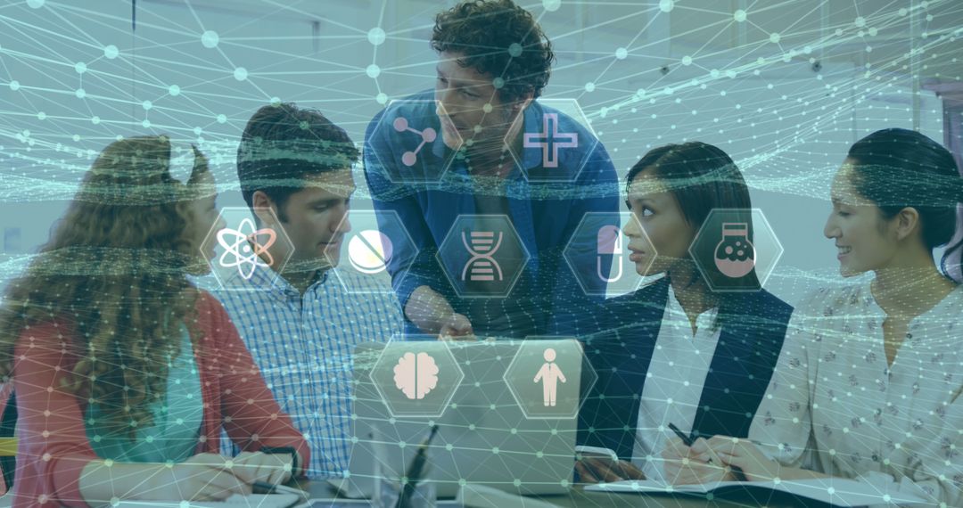 Diverse Team Collaborating with Futuristic Technology Overlay
