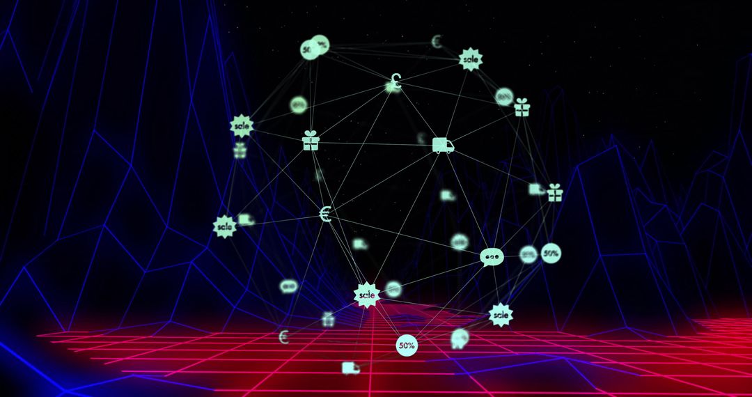 Futuristic Digital Sphere with Icons Above Grid in Cyberspace