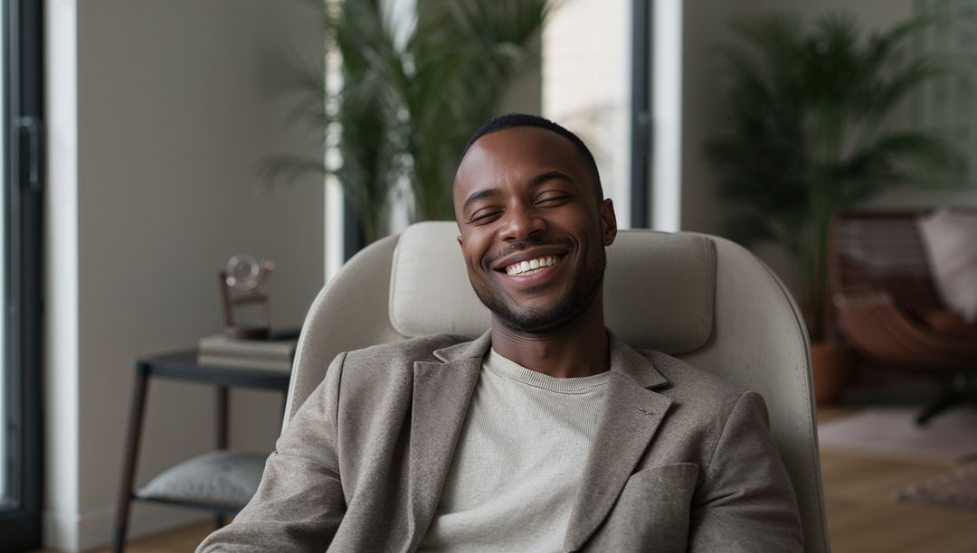 Smiling Man Relaxing in Modern Lounge Chair