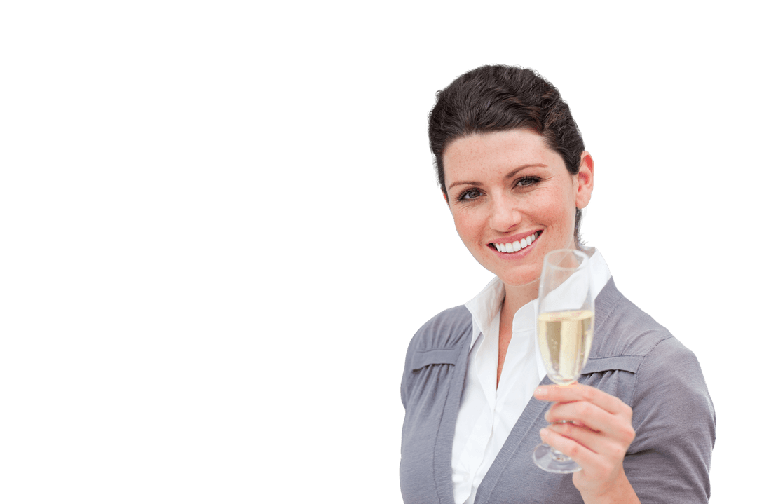 Smiling Woman with Glass of Champagne Transparent Background