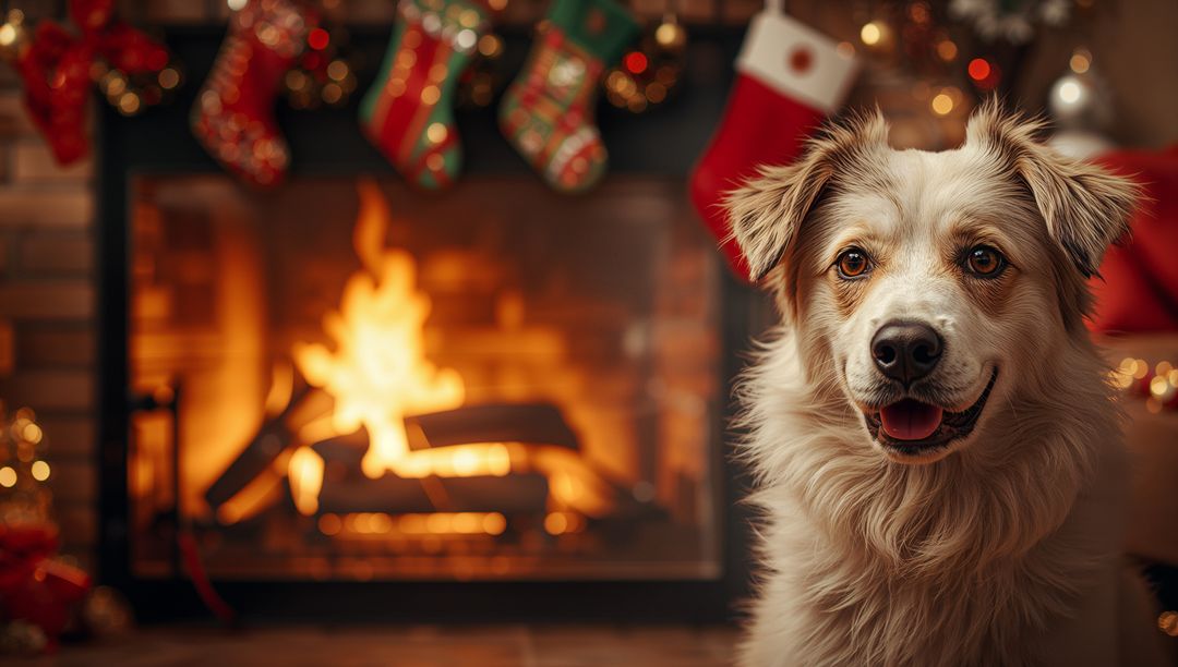 Innocent Dog Relaxing by Warm Holiday Fireplace with Festive Stockings
