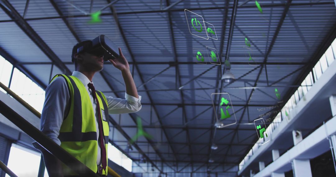 Engineer inspecting industrial hangar using VR headset with holographic UI for training