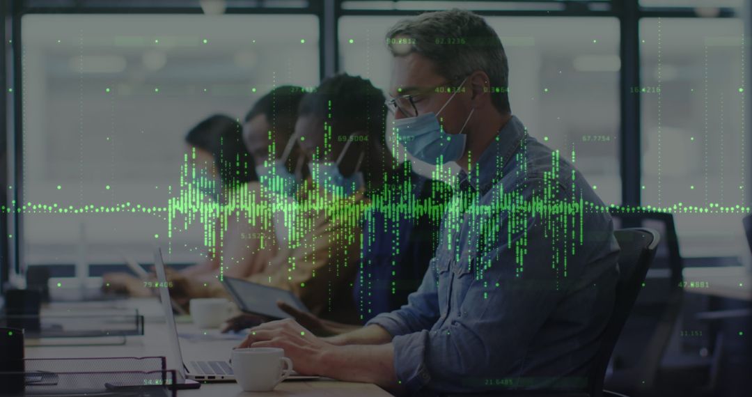 Masked Professionals Analyzing Data Visualizations, Modern Office