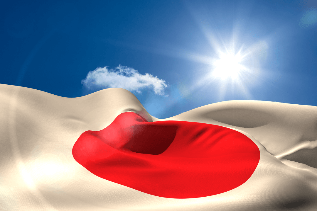 Transparent Japanese Flag Waving Against Bright Sunlit Sky