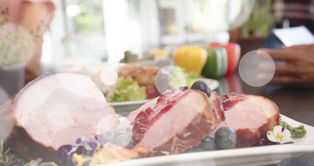Festive Christmas Dinner Table with Ham and Decors