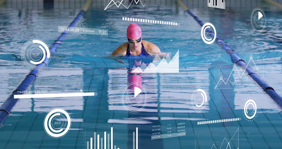 Swimmer Training in Lap Pool with Data Analysis Overlay