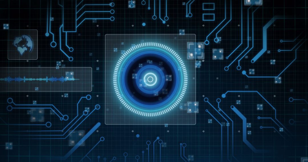 Futuristic Digital Interface with Circuit Board and Scanning Elements