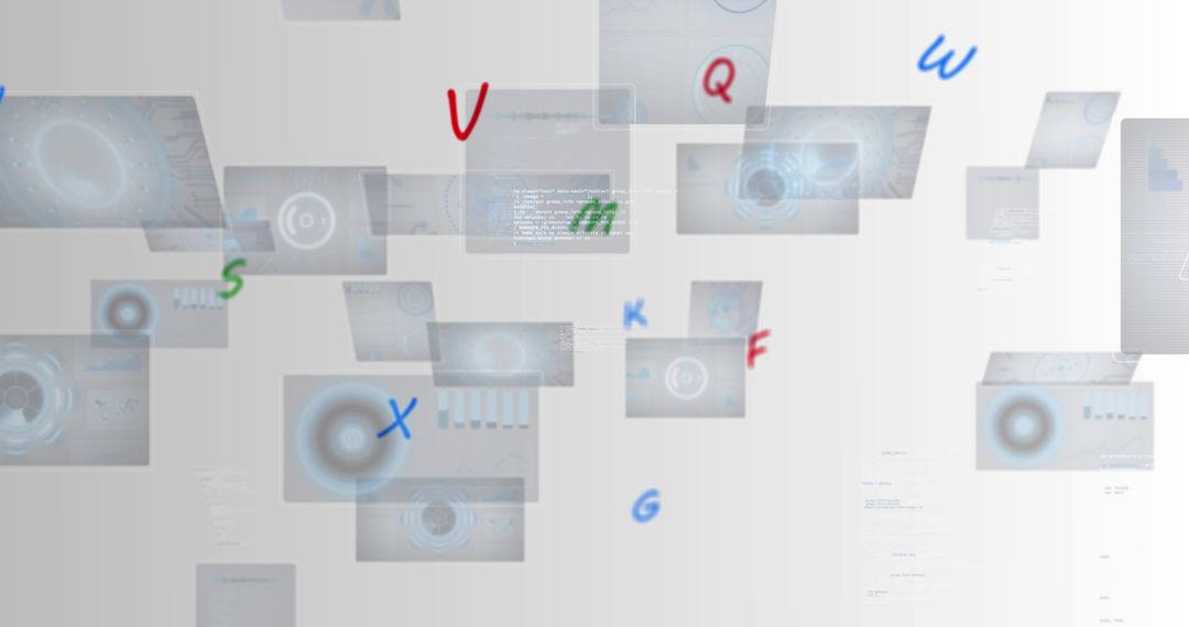 Digital screens displaying data and floating letters
