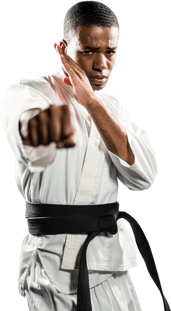 Karate Black Belt Focusing in Traditional Pose Transparent Image