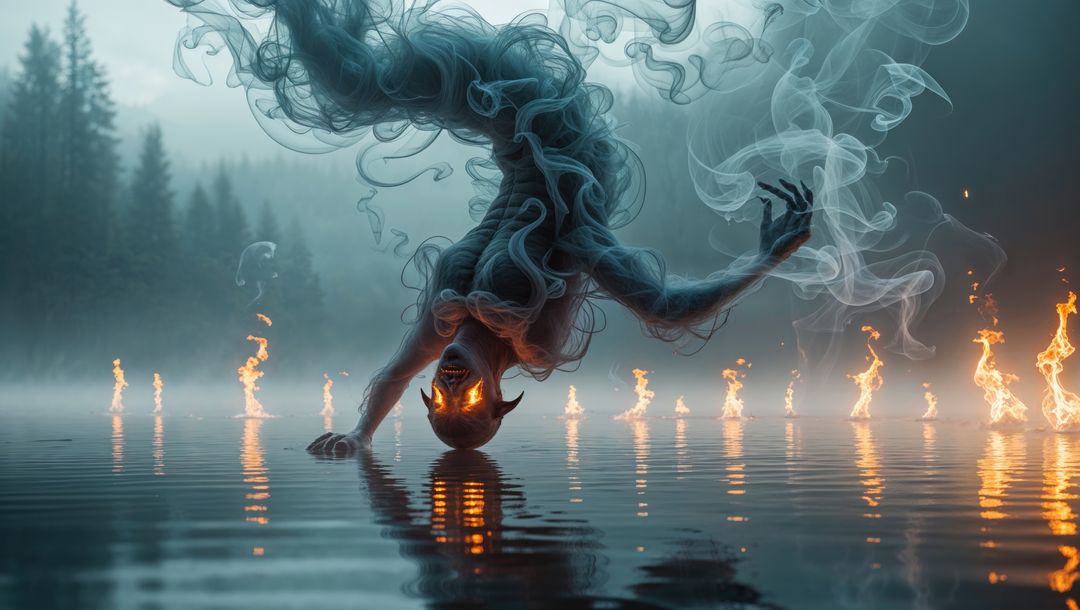 Mystical demon in smoke form hovering over enchanted forest lake