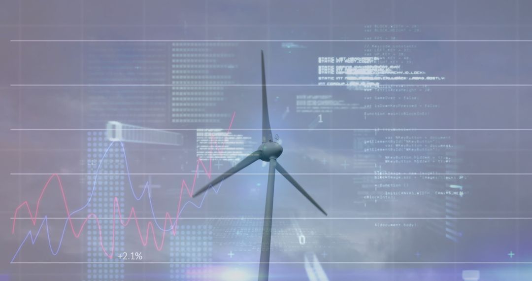 Wind Turbine with Digital Data Overlay Illustrating Sustainability