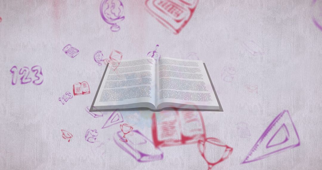 Open Book with Floating Educational Icons on White Background