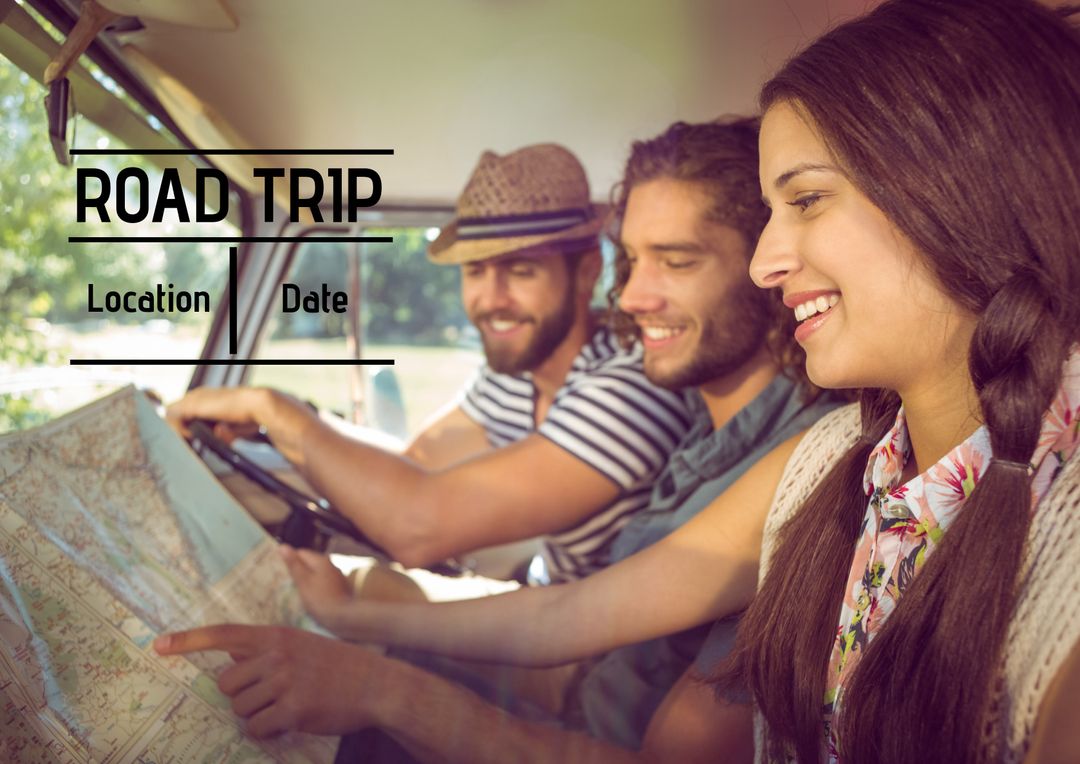 Friends Planning Scenic Road Trip with Map Joyfully