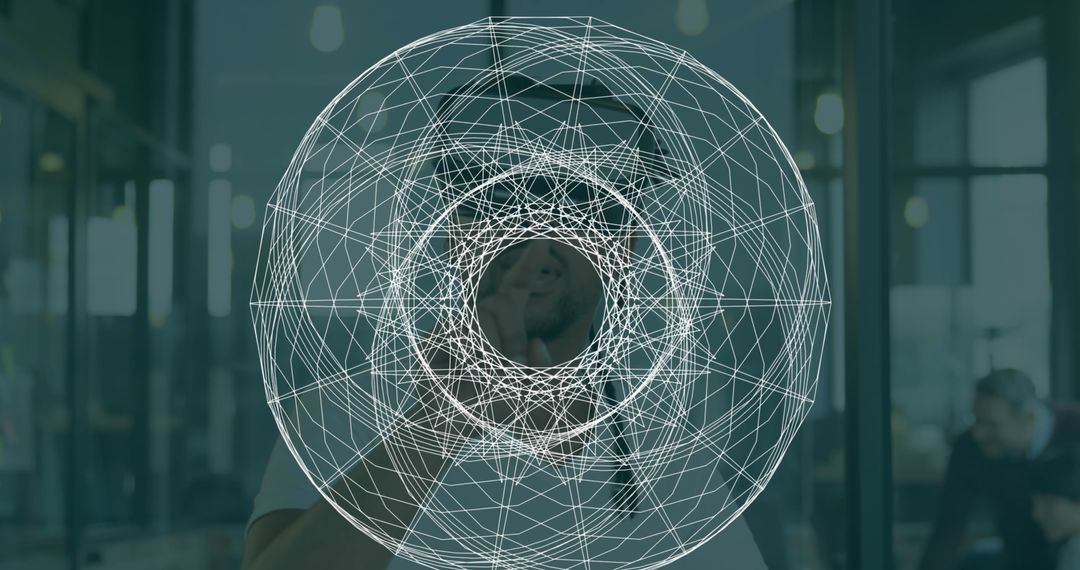 Man using Digital Interface with Geometric Design in VR Environment