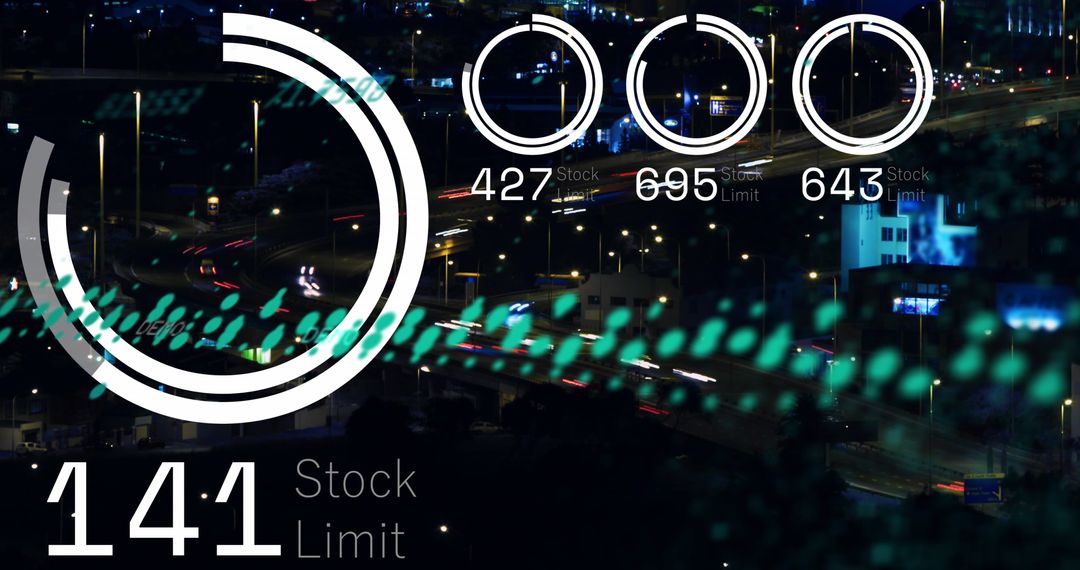 Digital Interface Overlay on Night Cityscape with Streaking Lights