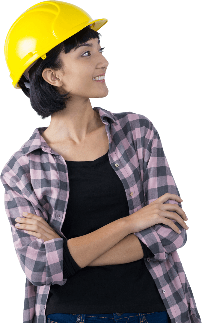Smiling Female Architect in Checked Shirt with Yellow Hard Hat Transparent