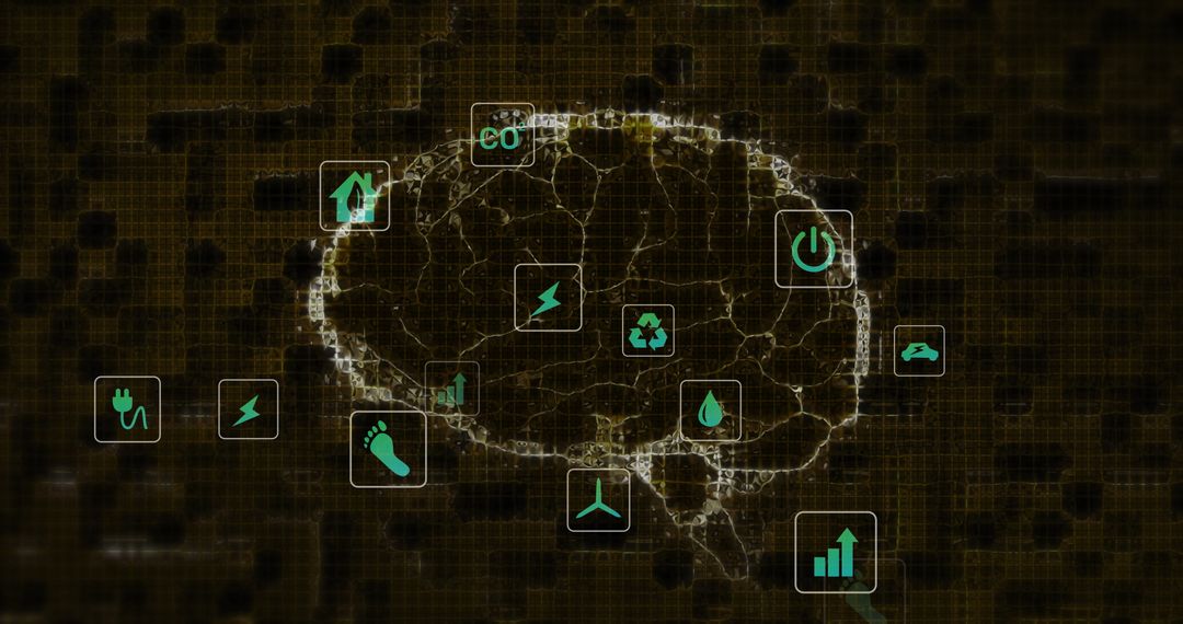 Futuristic Digital Brain Network with Eco Icons on Grid Background