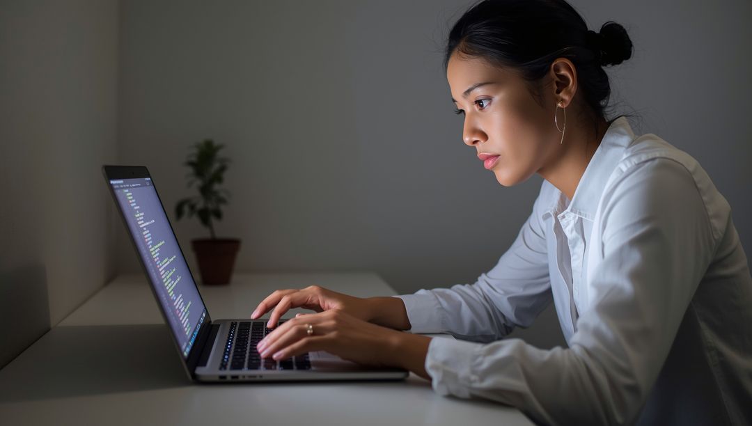 Woman Coding in Minimalist Workspace with Laptop