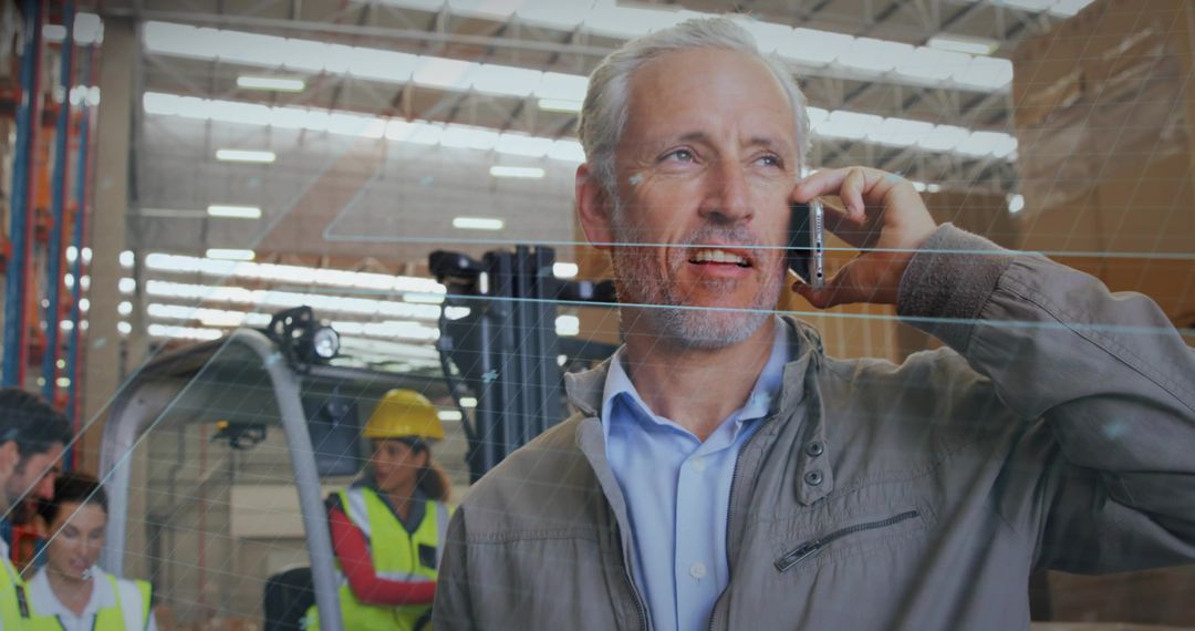 Warehouse manager talking on phone behind glass partition with forklift and team in busy warehouse